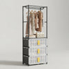 Single Row Clothes Storage Rack with Drawers displaying clothes on hangers and storage compartments below.