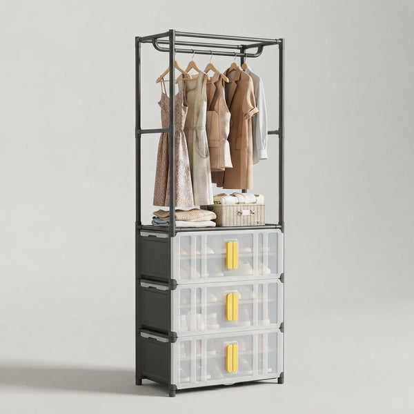 Single Row Clothes Storage Rack with Drawers displaying clothes on hangers and storage compartments below.