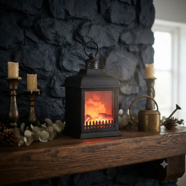 Antique Warming LED Fireplace Lantern Large