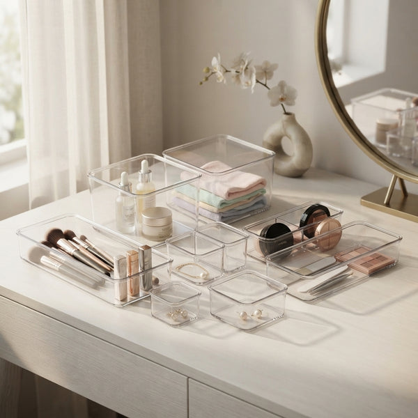 Seven-Piece Storage Box Set displayed on a vanity, organizing beauty products and accessories.