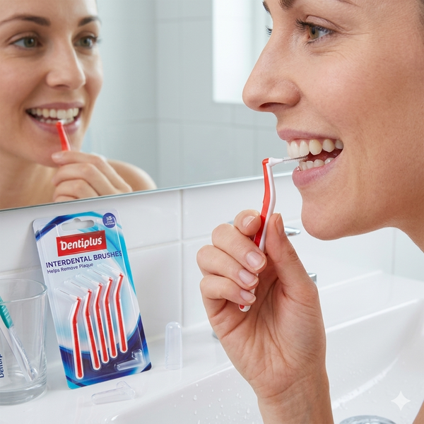 A woman using Dentiplus Interdental Brushes 5 Pack for oral hygiene in the bathroom.