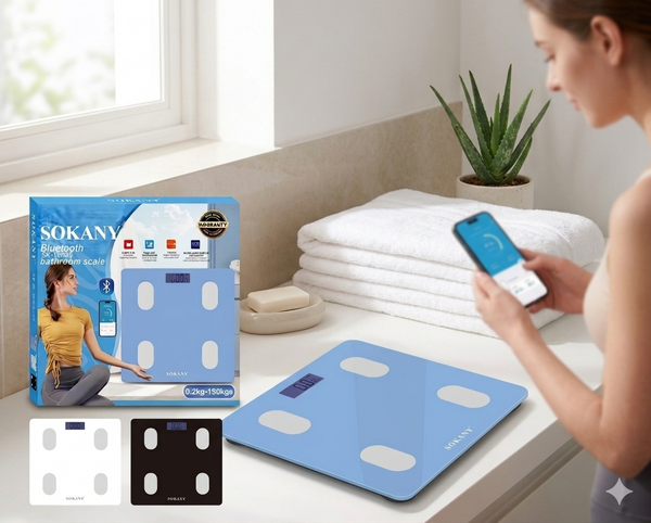 Woman using Bluetooth Digital Smart Bathroom Scale next to towels and packaging in a bright bathroom setting.