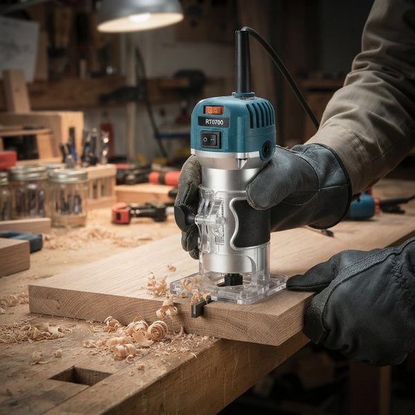 Craft Pro Compact Wood Router in use for shaping wood on a workbench with shavings around.