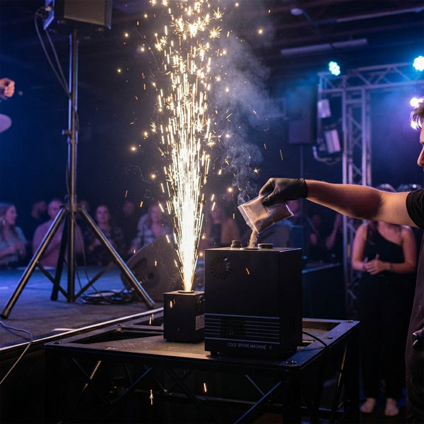 Cold Spark Machine creating a spectacular spark effect at a live event stage.