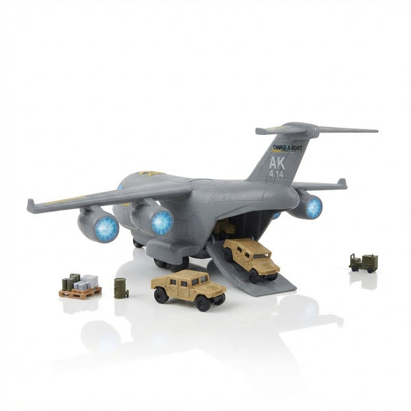 Military Transport Aircraft Toy Set with aircraft, miniature vehicles, and cargo accessories in a detailed scene.