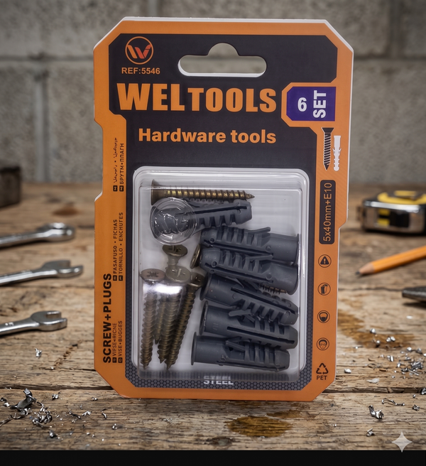 6-Piece Masonry Screw and Wall Plug Fixing Set by WELTOOLS displayed in packaging on a workbench with tools.
