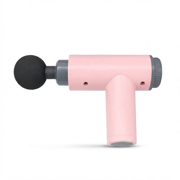 Portable Handheld Massage Gun in a pink color with a rounded black massage head, showcasing its compact design.