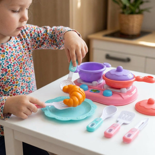 Child playing with the Pretend Play Breakfast Kitchen Set, using utensils and colorful play food on a table.