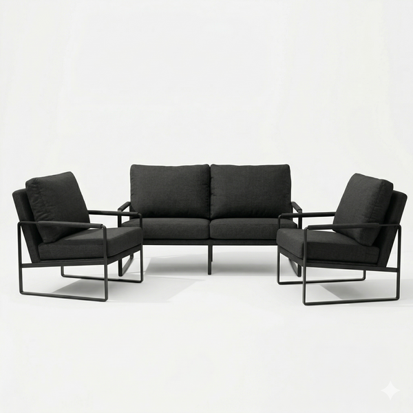 3-Piece Outdoor Patio Set featuring a comfortable sofa and two armchairs with a modern design on a neutral background.