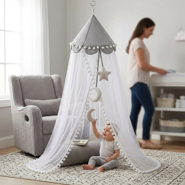 Hanging Nursery Mosquito Net Canopy with Pom-Poms