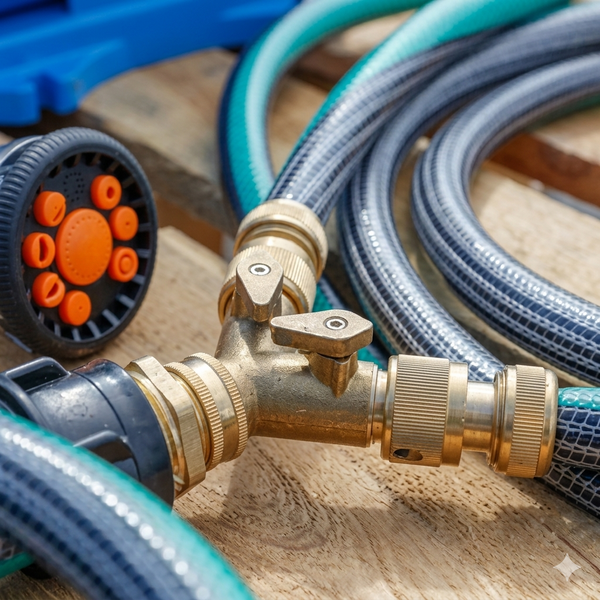 Brass 2-Way Garden Hose Splitter with Stop Valves connected to hoses on a wooden surface.