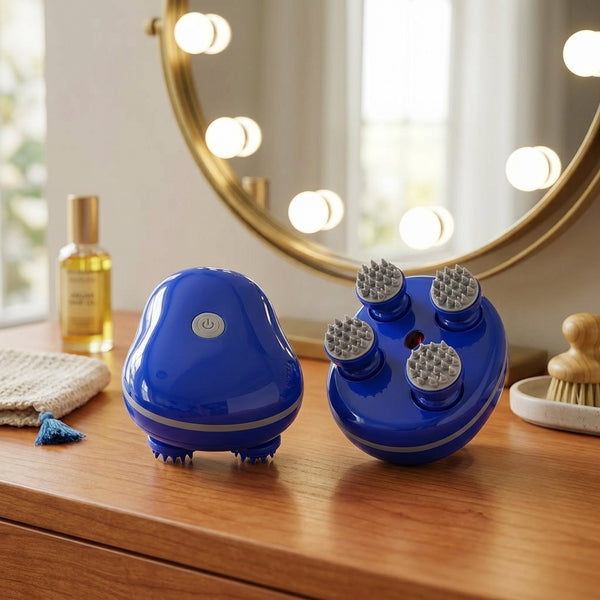 4-Head Cordless Electric Massager in blue color on wooden surface, showcasing its compact design and massage heads.