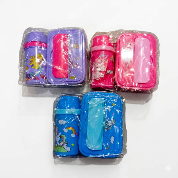 Kids Cute Character Bento Lunch Box & Matching Drink Cup in colorful designs, perfect for school lunches.