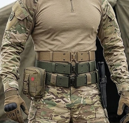 Utility Tactical-Style Belt worn by a soldier in camouflage uniform, showcasing adjustable fit for outdoor and practical wear.
