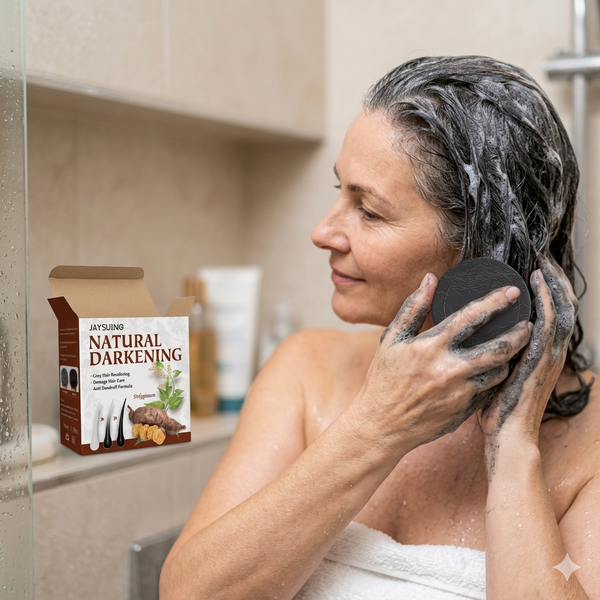 Woman using Tuber Fleeceflower Root Extract Shampoo Soap in the shower for healthy hair care.