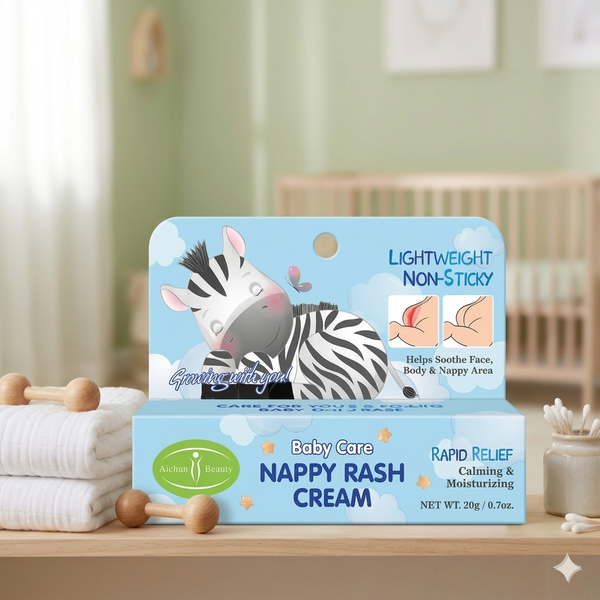 Soothing Baby Care Nappy Rash Cream box featuring a cute zebra design, lightweight and non-sticky for baby's sensitive skin.