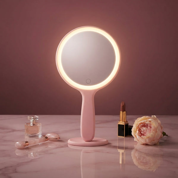 LED Hand Mirror with Integrated Lighting on a marble surface beside beauty products and a flower.