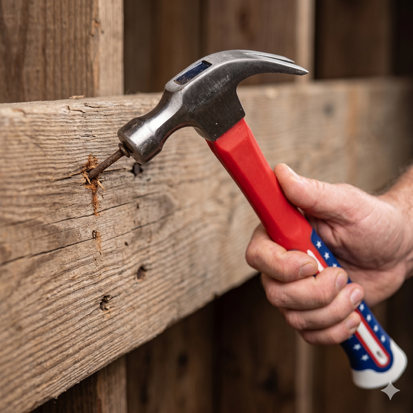 Using a Polished 16oz Claw Hammer with Shock-Reduction Grip to drive a nail into wooden planks.