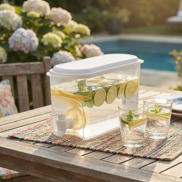 3.5L Beverage Dispenser with Tap and Lid serving lemon and mint water by a poolside on a sunny day.