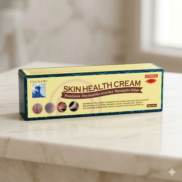 Botanical Extract Skin Health Cream box on a marble surface targeting psoriasis, dermatitis, eczema, and mosquito bites.