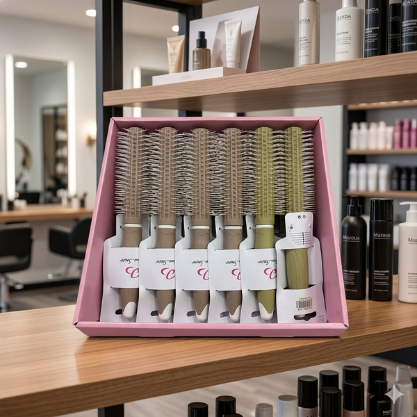 Round Styling Hair Brush set displayed in a salon for easy everyday hair grooming and styling.