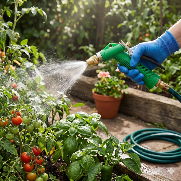 Adjustable High Pressure Garden Water Gun watering vibrant plants in a garden
