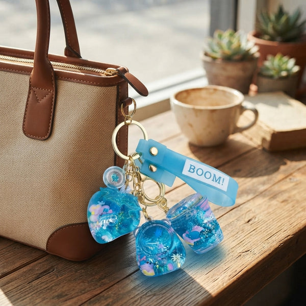 Blue Liquid-Filled Quicksand Keychain attached to a stylish bag, showcasing colorful floating contents.