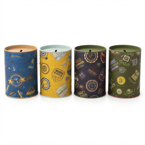 Kiddies Money Bank Tin with Coin Slot featuring colorful decorative designs for kids saving habits.