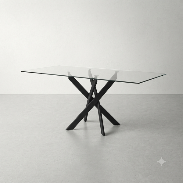 Modern Rectangular Glass Dining Table with Black Metal Base
