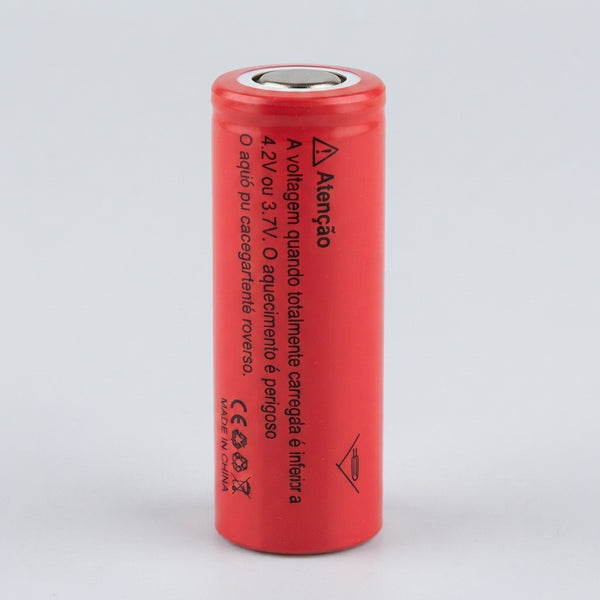 Rechargeable Cylindrical Battery Cell in red, designed for electronic applications with safety markings.