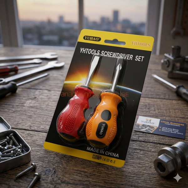 2 Piece Stubby Precision Screwdriver Duo with ergonomic handles on a workspace filled with tools.