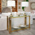 Glass Gold Decorative Console Table with elegant gold rods, clear glass shelf, and tabletop lamps in a modern living room.