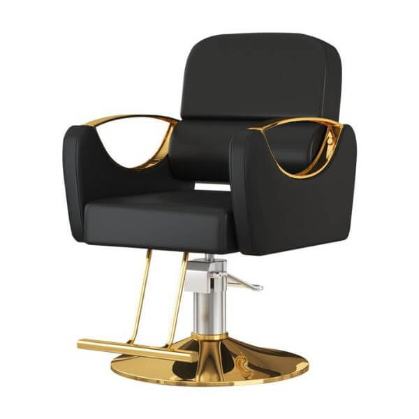 Gold Accent Hairdresser Salon Chair featuring luxurious black upholstery and elegant gold accents, perfect for modern salons.