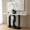 Golden & White Marble Console Table with modern design, featuring a black base and elegant plants.