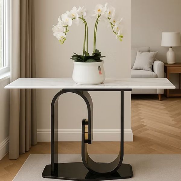 Golden & White Marble Console Table with flower pot, modern design in elegant living room setting.