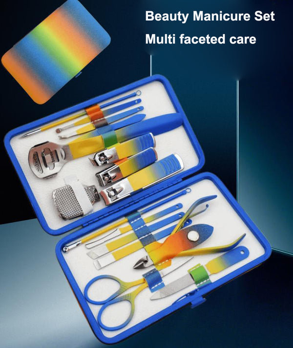 Gradient Colour 16-Piece Nail Clipper Travel Set, complete nail care kit in compact case with tools for manicure and pedicure.
