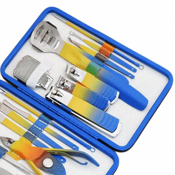 Gradient Colour 16-Piece Nail Clipper Travel Set laid out in a blue case, showcasing various nail care tools.