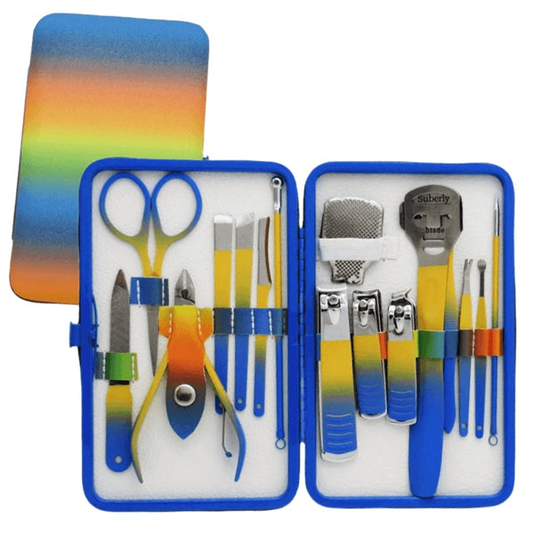 Gradient Colour 16-Piece Nail Clipper Travel Set featuring various stainless steel nail tools in a compact case.