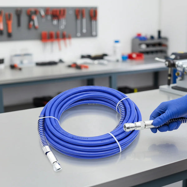 20M High Pressure Airless Sprayer Hose on a workbench with tools in the background.