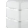 Close-up of the 12L 3-Layer Electric Food Steamer with white stacked tiers and handles.
