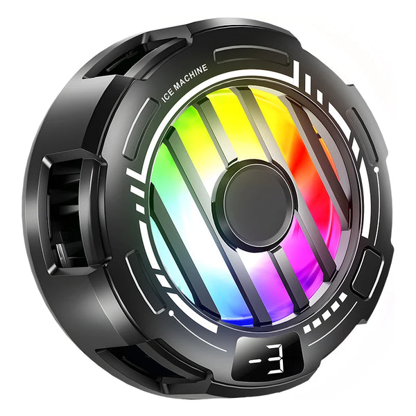 Mobile Gaming Phone Cooler with Digital Display featuring rainbow LED lights and cooling fan design.