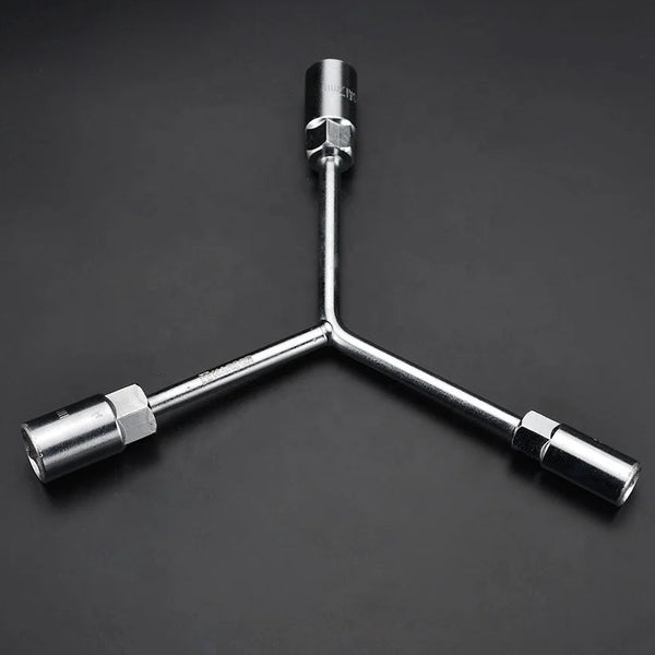 Chrome Vanadium Y-Type Wrench Spanner Set on a dark background showcasing its three-way design.