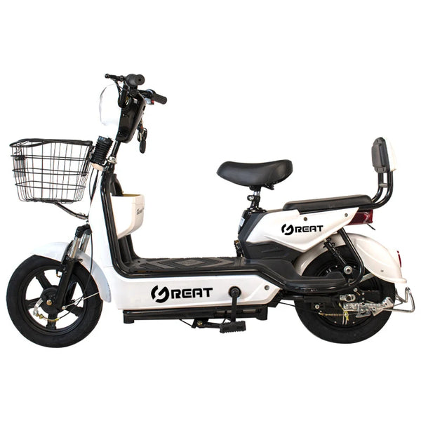 48V Electric City Bike for Adults with basket and comfortable seat for urban commuting.