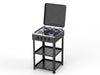 4 Burners Portable Butane Gas Stove on a stand with a lid open and three shelves for storage.