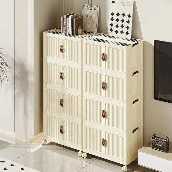 Foldable Stackable Storage Wardrobe Cabinet in cream color with decorative top and books.