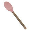 Silicone Cooking Spoon with Wooden Handle in pink color for non-scratch cooking.
