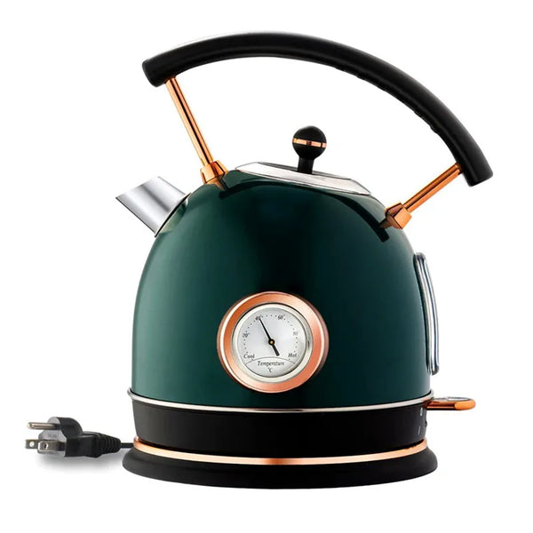 1.7L Stainless Steel Cordless Electric Kettle with Keep Warm in green color with temperature gauge and black handle.