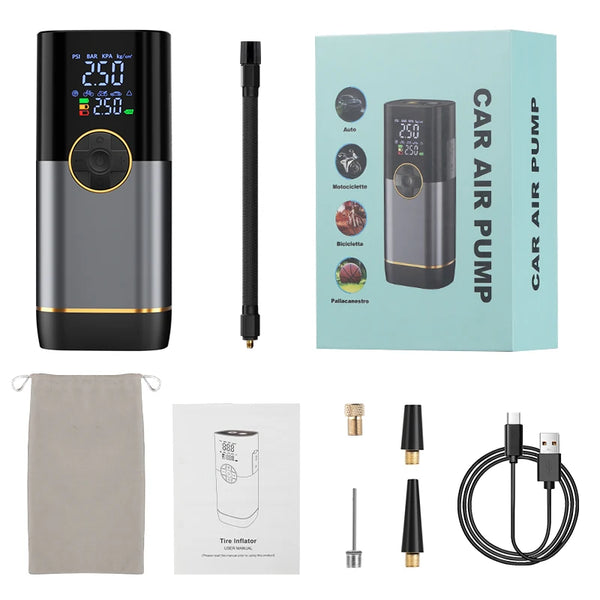 150PSI Dual-Screen Portable Air Compressor with accessories and packaging displayed.