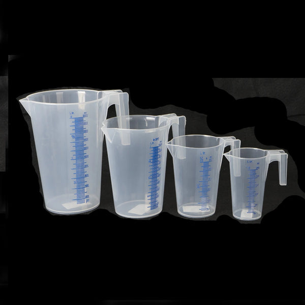 Plastic Paint Measuring Cup with Graduated Scale set of four clear measuring cups with blue markings for accurate mixing.