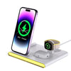 4-in-1 Foldable Wireless Charging Stand with LED Night Light charging multiple devices simultaneously.